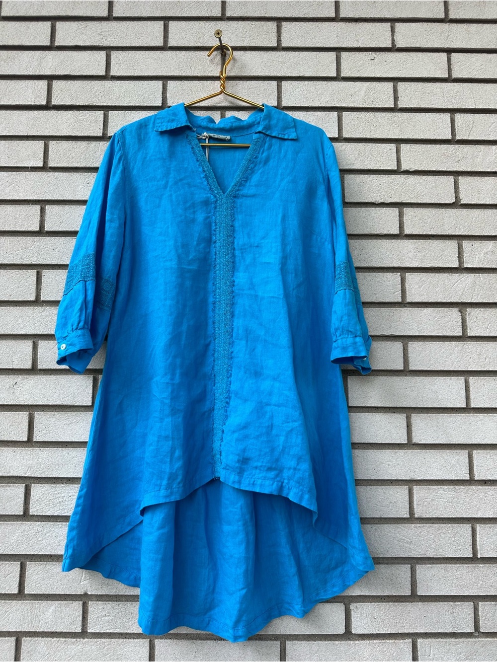 Haris Cotton Meandros Akti Blue 100% Linen Embroidered High Low Tunic S Coastal